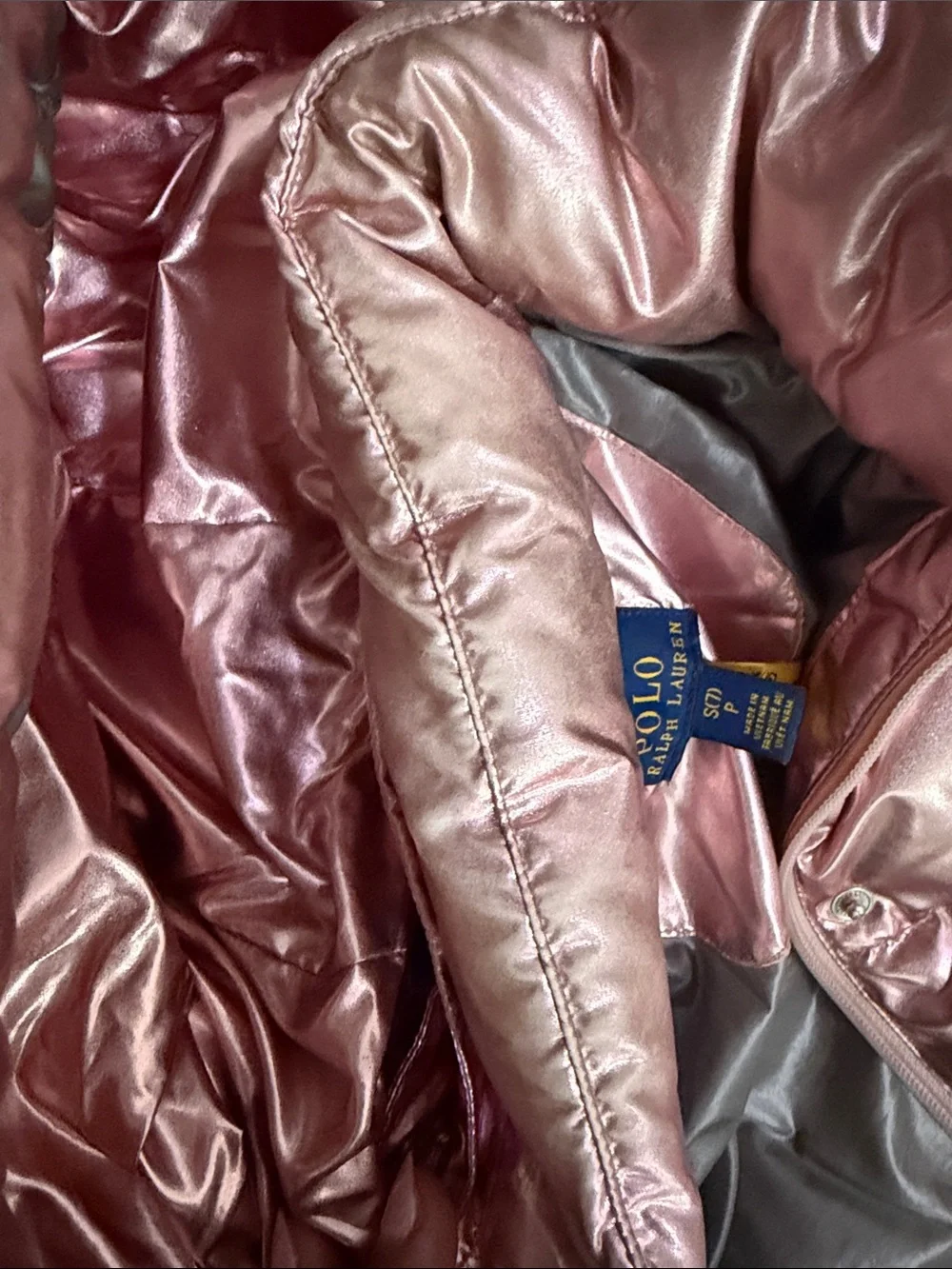 Polo by Ralph Lauren Girls' Shiny Rose Gold Puffer Coat with Hood